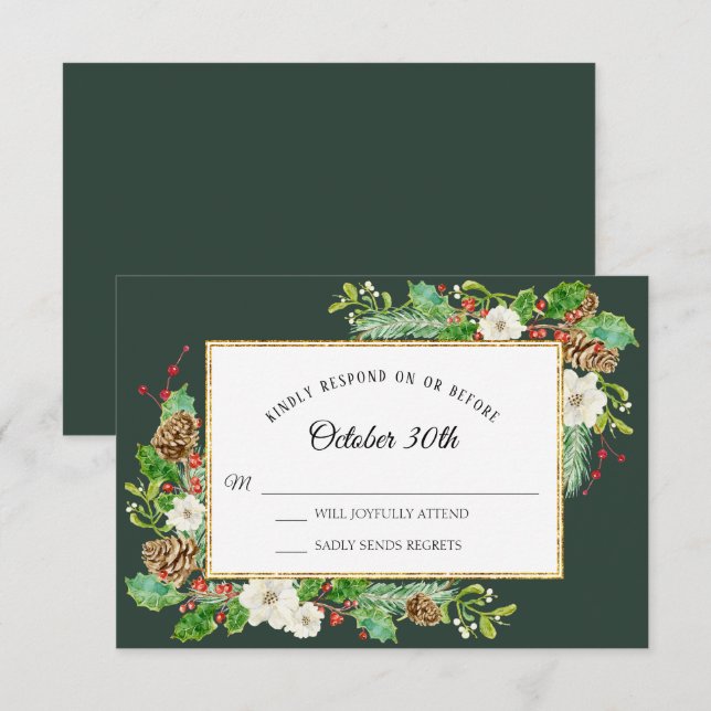 RSVP Winter Forest Christmas Floral Watercolor Invitation (Front/Back)