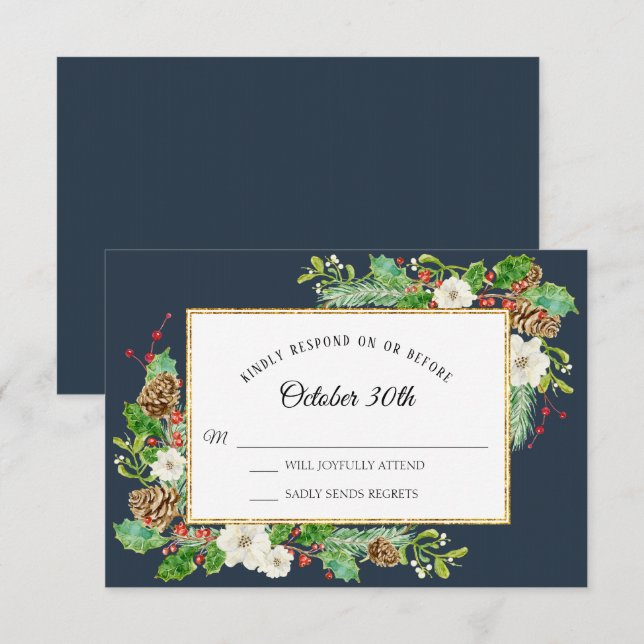 RSVP Winter Navy Blue Christmas Floral Watercolor Invitation (Front/Back)