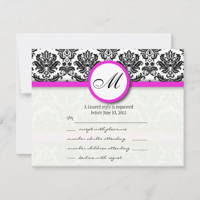 RSVP with Black and Hot Pink Damask Monogram Card (Front)