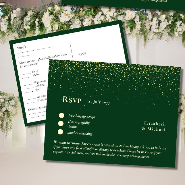 RSVP with Menu Template | Emerald Green Gold RSVP Postcard (Creator Uploaded)