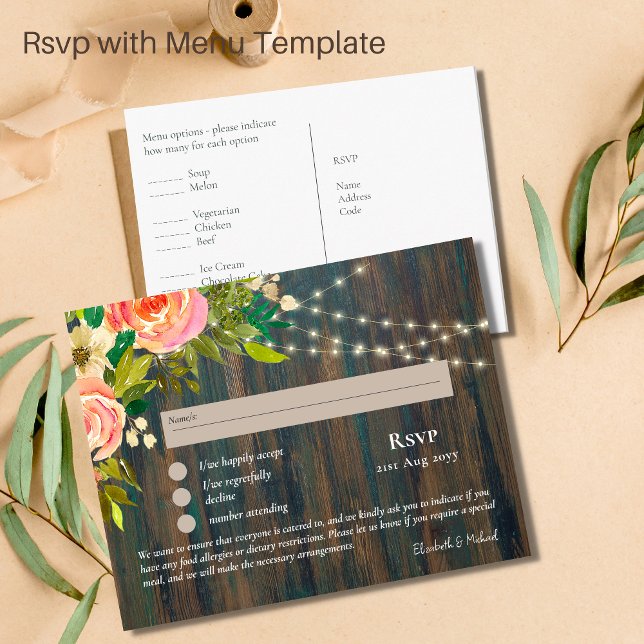 RSVP with Menu Template Rustic Pink Flowers Lights Postcard (Creator Uploaded)