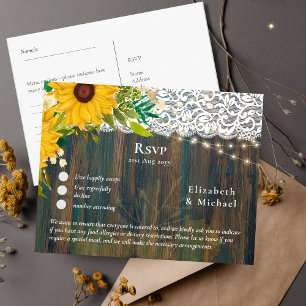 RSVP with Menu Template Rustic Sunflowers Lace Postcard
