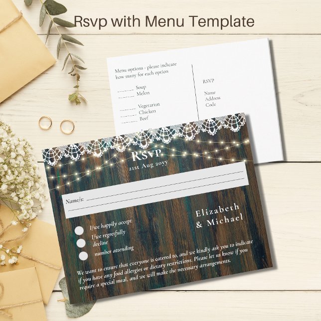 RSVP with Menu Template Rustic Wood Lace Lights Postcard (Creator Uploaded)