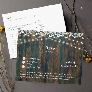 RSVP with Menu Template Rustic Wood Lace Lights Postcard