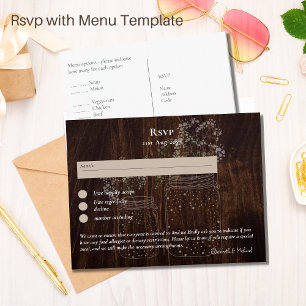 RSVP with Menu Template Rustic Wood Mason Jars Postcard
