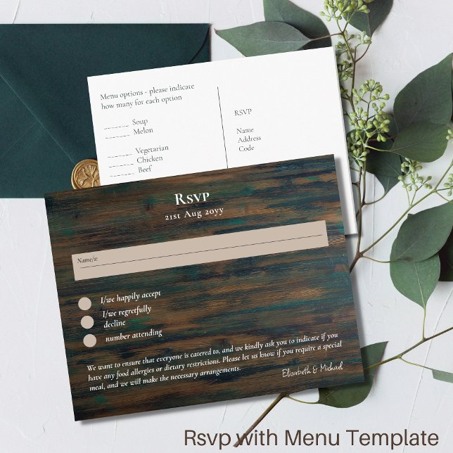 RSVP with Menu Template Rustic Wood Woodland Postcard (Creator Uploaded)