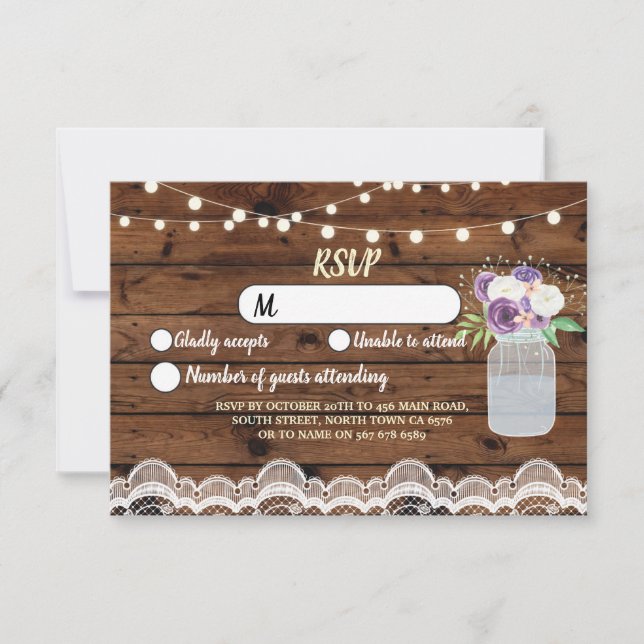 RSVP Wood Lace Wedding Rustic Lights Floral Jar Invitation (Front)