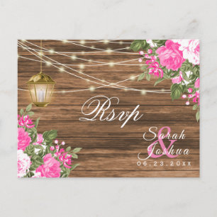 RSVP - Wood, Lantern and Pink Floral Wedding Postcard
