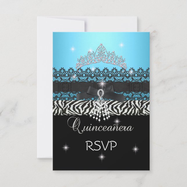 RSVP Zebra Quinceanera 15th Birthday Blue Black Card (Front)