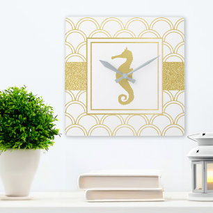 rt Deco Ocean Wave Patten Gold Glitter Seahorse Square Wall Clock