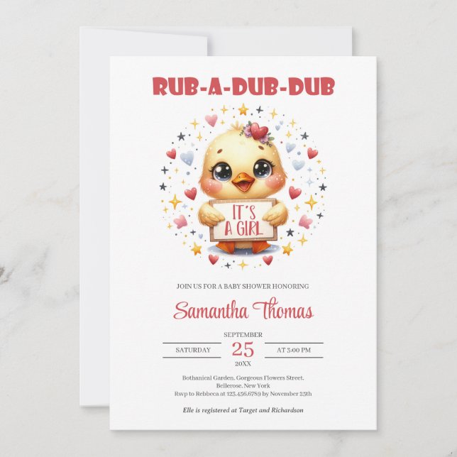 Rub a dub dub cute baby duck girl invitation (Front)