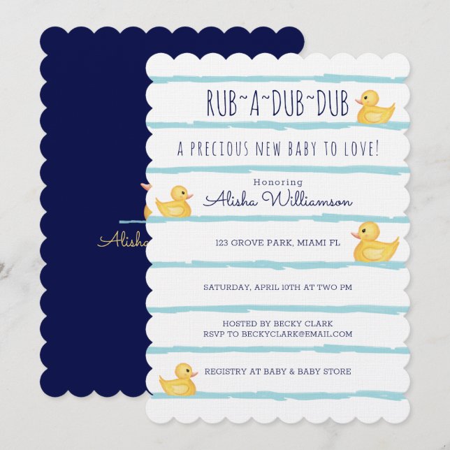 Rub-A-Dub-Dub Cute Yellow Rubber Ducky Baby Shower Invitation (Front/Back)