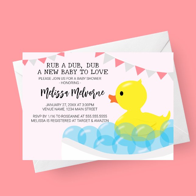 Rub A Dub Dub, Rubber Ducky Baby Shower Invitation (Rub a Dub, Dub Rubber Ducky Baby Shower Invitation with bubbles in bathtub and pink and grey banner)