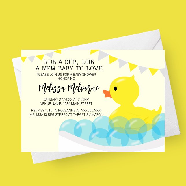 Rub A Dub Dub, Rubber Ducky Baby Shower Invitation (Rub A Dub Dub Plastic Duck Baby Shower Invitation with grey and yellow banner. )