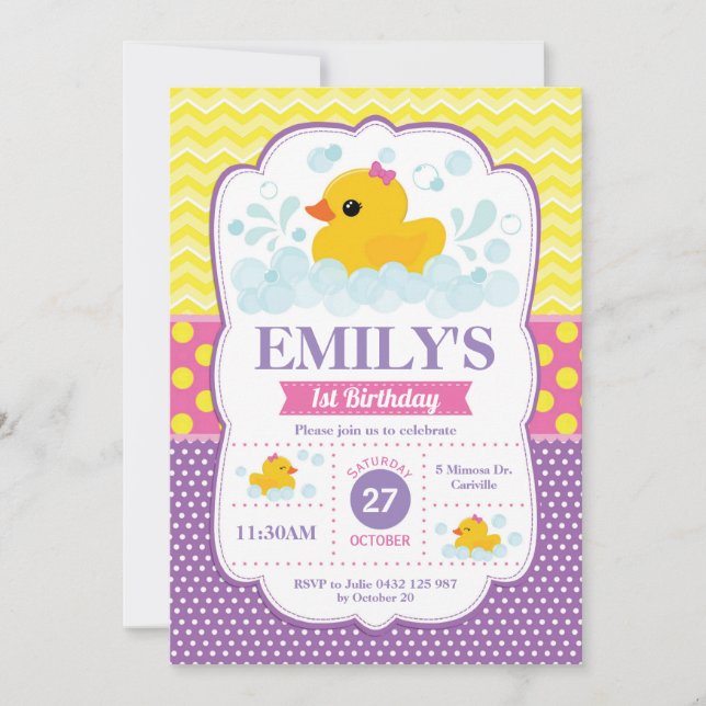 Rubber Duck 1st Birthday Invitation Girl (Front)