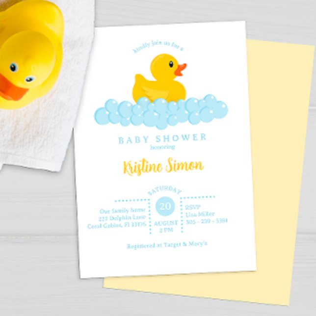 Rubber Duck Baby Shower Invitation – Blue Bubbles  (Rubber ducky blue & yellow baby shower invitation)