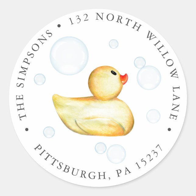 Rubber Duck Baby Shower Return Address  Classic Round Sticker (Front)