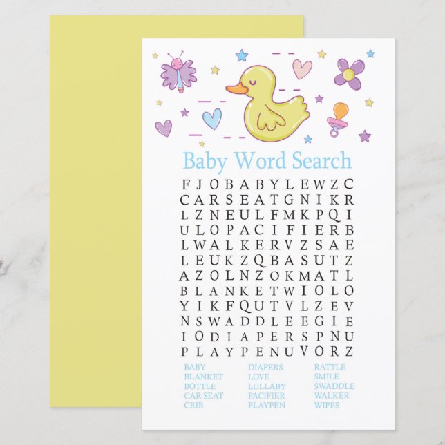 Rubber duck Baby Shower Word Search Game (Front/Back)