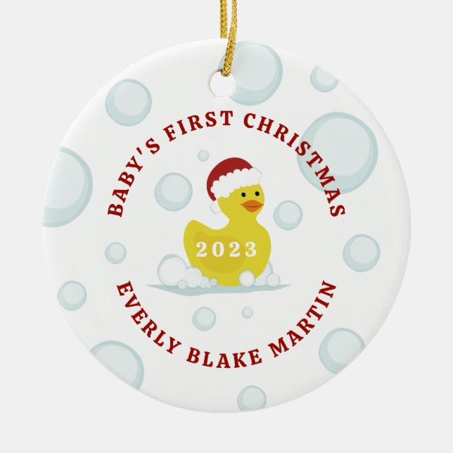 Rubber Duck Baby's First Christmas Bubbles Ceramic Tree Decoration (Front)