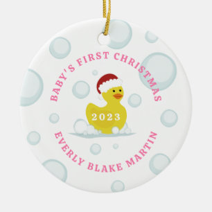 Rubber Duck Baby's First Christmas Bubbles Pink Ceramic Tree Decoration
