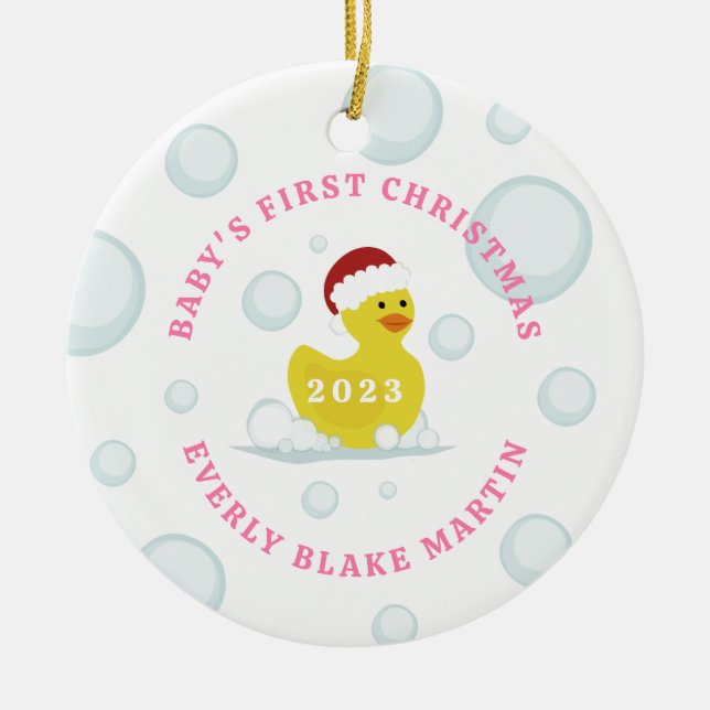 Rubber Duck Baby's First Christmas Bubbles Pink Ceramic Tree Decoration (Front)