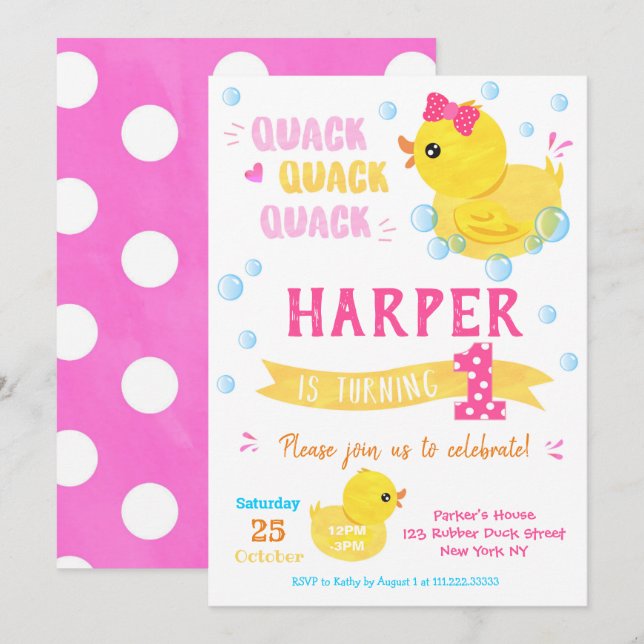 Rubber Duck Birthday Invitations Girl (Front/Back)