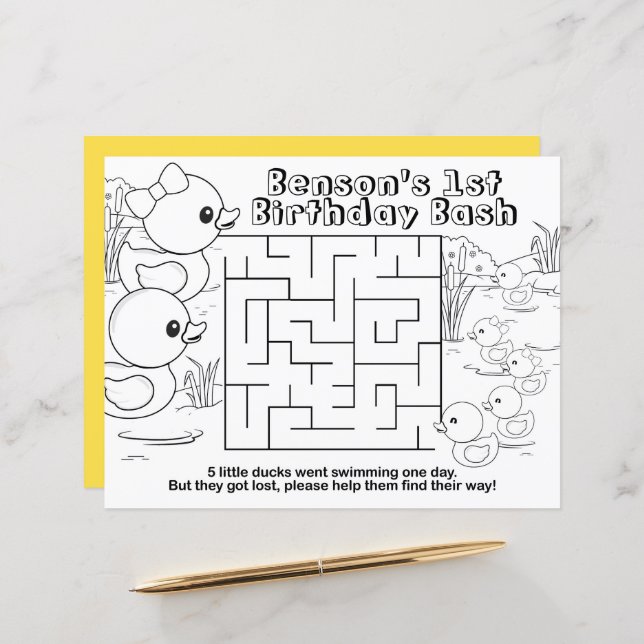 Rubber Duck Birthday Maze Activity Sheet Placemats (Front/Back In Situ)