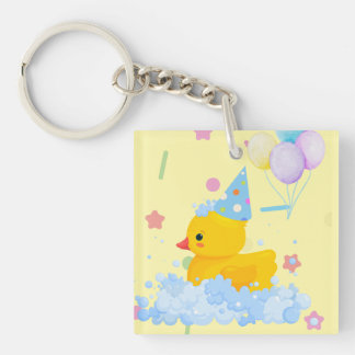 Rubber Duck Birthday with Bubbles and Confetti Key Ring