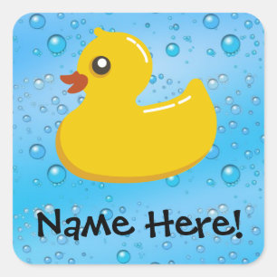 Rubber Duck Blue Bubbles Personalised Kids Square Sticker