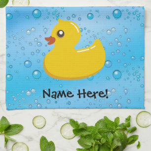 Rubber Duck Blue Bubbles Personalised Kids Tea Towel