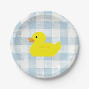 Rubber Duck Blue Gingham Pattern Paper Plate