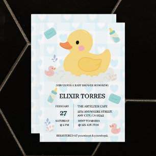 Rubber Duck Blue Hearts Baby Shower Invitation