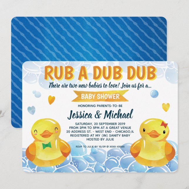 Rubber Duck Boy-Girl Twins  Baby Shower Invitation (Front/Back)