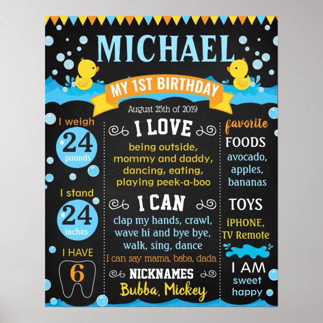 Rubber duck Bubbles First Birthday chalkboard Poster (Front)