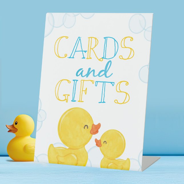 Rubber Duck Cards & Gifts Birthday or Baby Shower Pedestal Sign (Watercolor Rubber Duck Cards and Gifts Table Pedestal Party Sign)