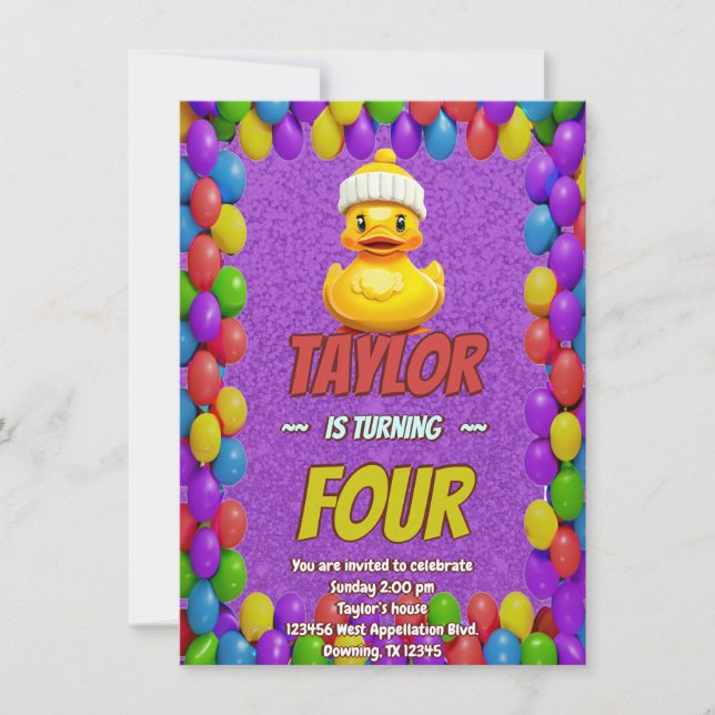 Rubber Duck Cute Personalised Birthday Invite Kids (Front)