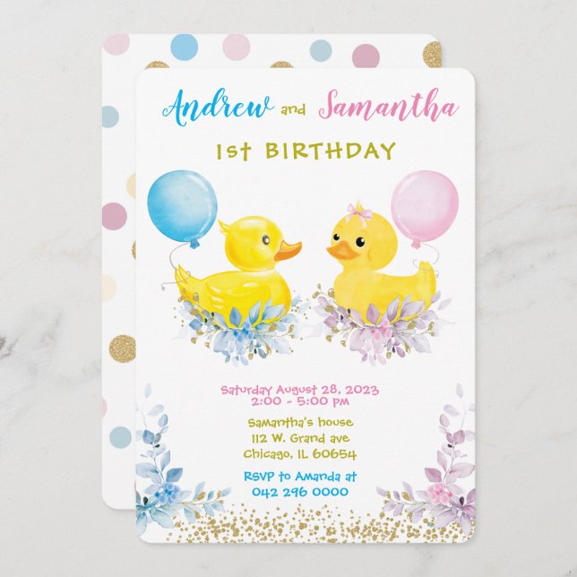 Rubber Duck First Birthday Cards for Twins (Front/Back)