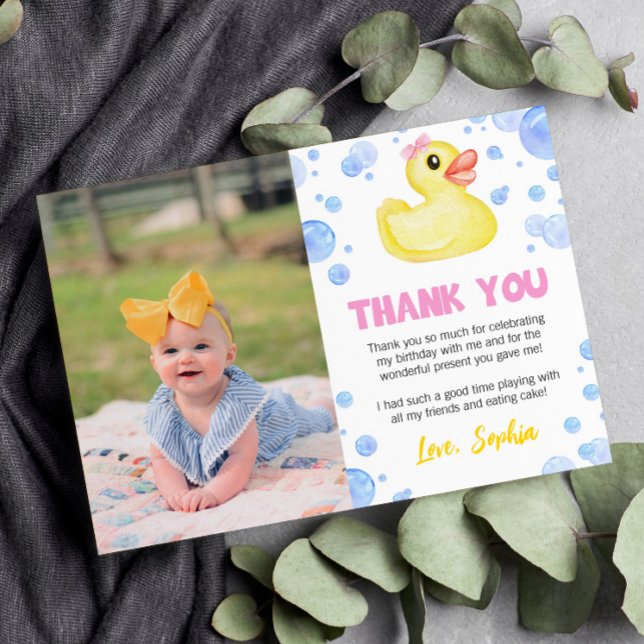 Rubber Duck Girl Birthday Photo Thank You Card (Creator Uploaded)