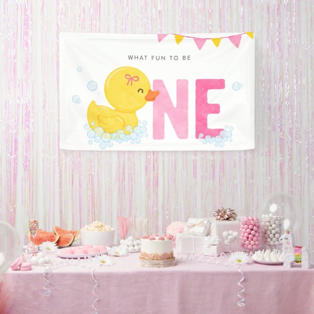 Rubber Duck Girl First birthday Party Pink Yellow  Banner (Party)
