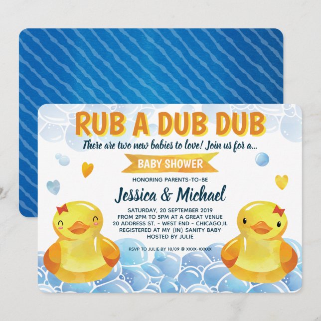 Rubber Duck Girls Twins  Baby Shower Invitation (Front/Back)