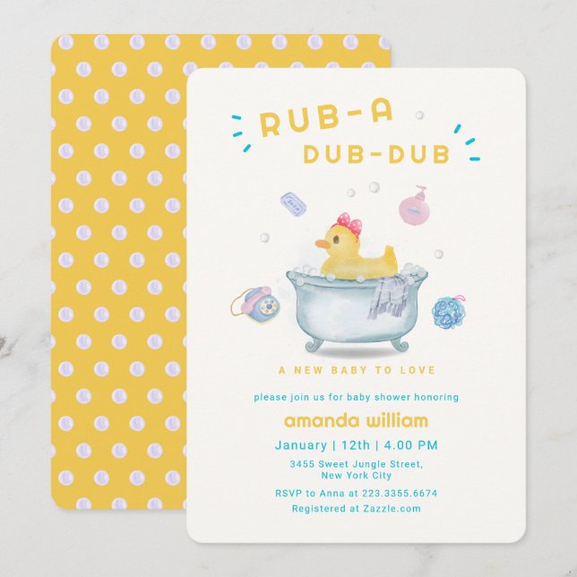 Rubber Duck Rub A Dub Dub Bathtub Baby Shower  Invitation (Front/Back)