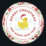 Rubber Duck Santa Christmas Photo Watercolor Classic Round Sticker<br><div class="desc">Illustration of a rubber duck wearing a santa hat. Border and reverse side are red and green watercolor floral tile pattern design.</div>