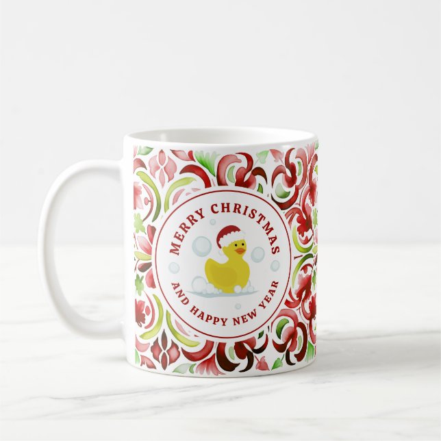 Rubber Duck Santa Christmas Photo Watercolor Coffee Mug (Left)
