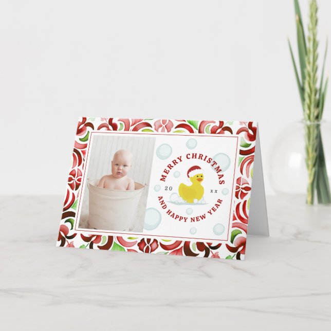 Rubber Duck Santa Christmas Photo Watercolor Holiday Card (Front)