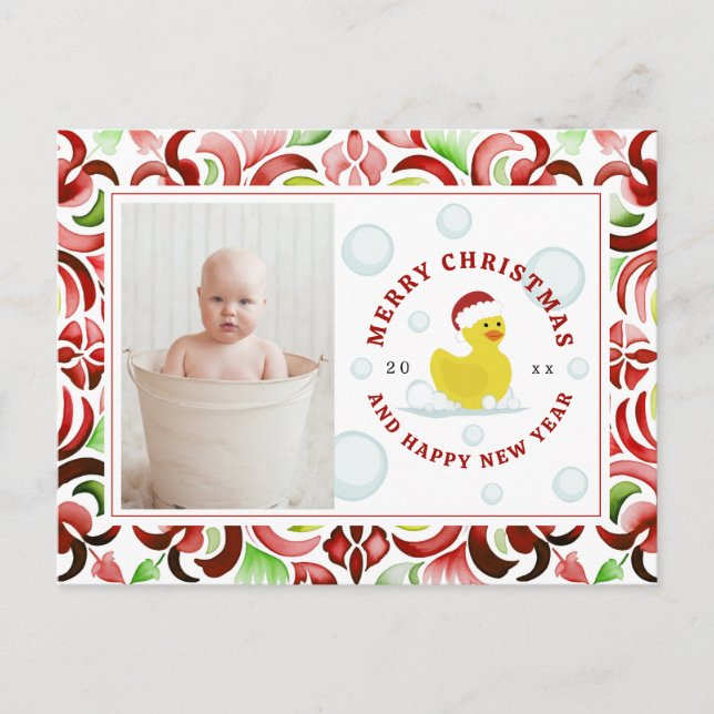 Rubber Duck Santa Christmas Photo Watercolor Holiday Postcard (Front)