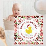Rubber Duck Santa Christmas Watercolor Photo Card<br><div class="desc">Illustration of a yellow rubber duck wearing santa hat surrounded by bubbles. Background is red and green watercolor pattern.  Personalise the back with your photo on back.</div>
