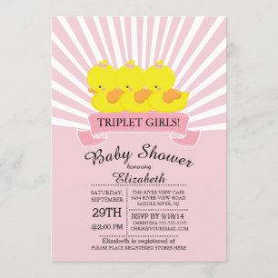 Rubber Duck Triplet Girls Baby Shower Invitations