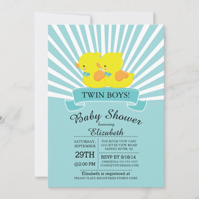 Rubber Duck Twin Boys Baby Shower Invitation (Front)
