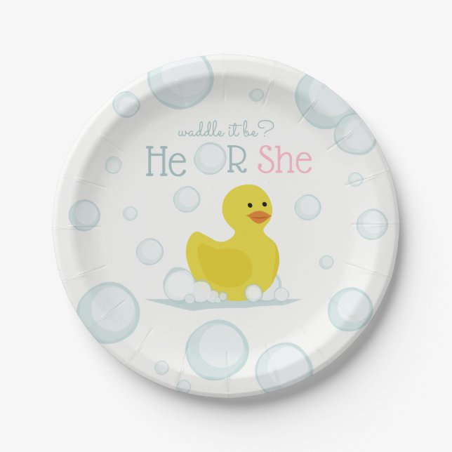 Rubber Duck Waddle It Be Baby Gender Reveal Paper Plate (Front)