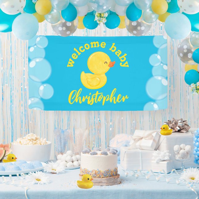 Rubber Duck Welcome Baby Name Hanging Vinyl Banner (Welcome Baby Name Rubber Duck Hanging Vinyl Baby Shower Banner in Blue)